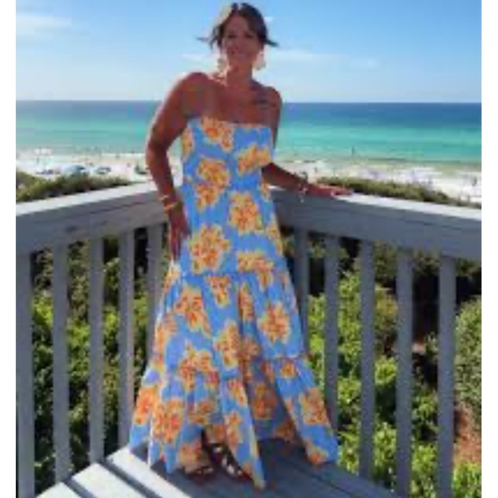 Strapless Blue Maxi Dress with Orange Floral Print